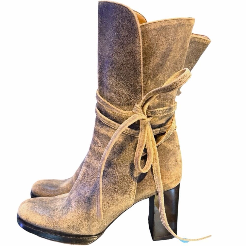 KORS MICHAEL KORS Women’s Taupe Distressed Suede Wrap Ankle Boots Size 6.5